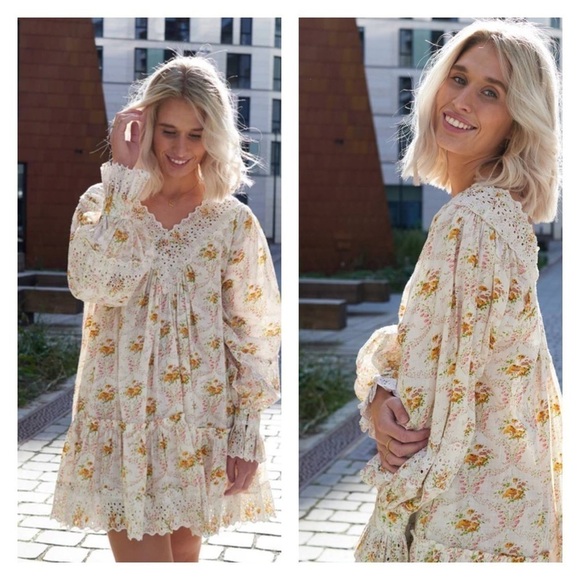 NWT BY TIMO Cotton Slub V Neck Floral Eyelet V Neck Mini Dress Wallpaper Small - Picture 1 of 14